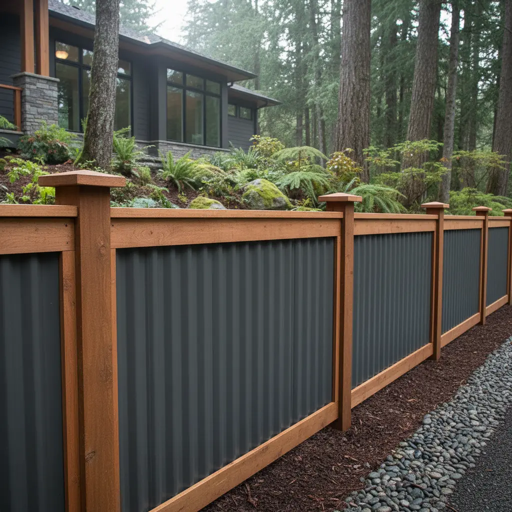 Corrugated metal fencing on a Comox property
