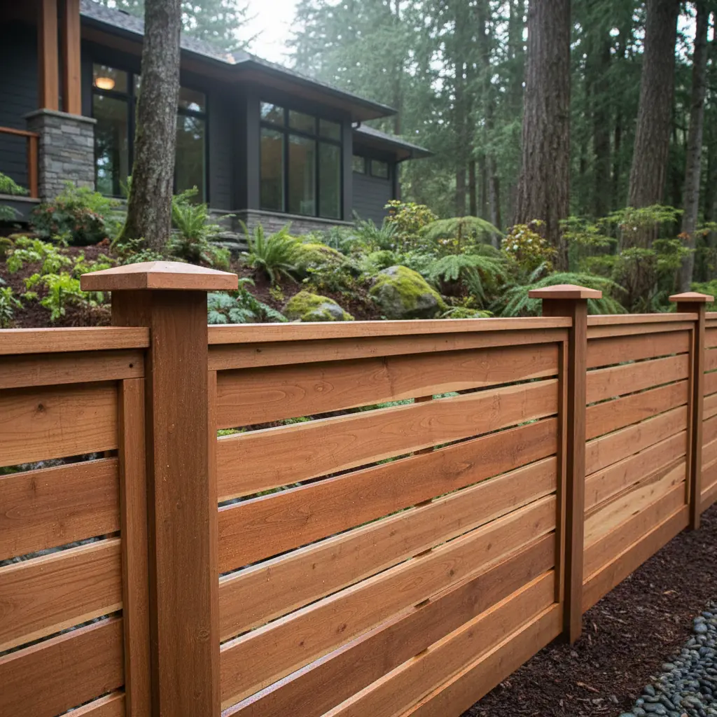 cedar fencing panels on a misty day