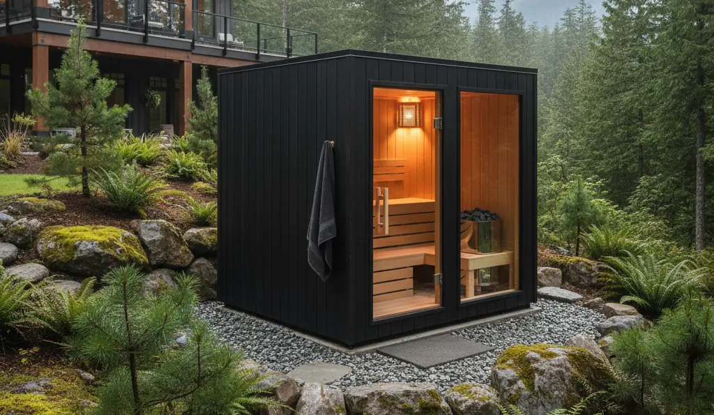 custom built sauna in forest like setting
