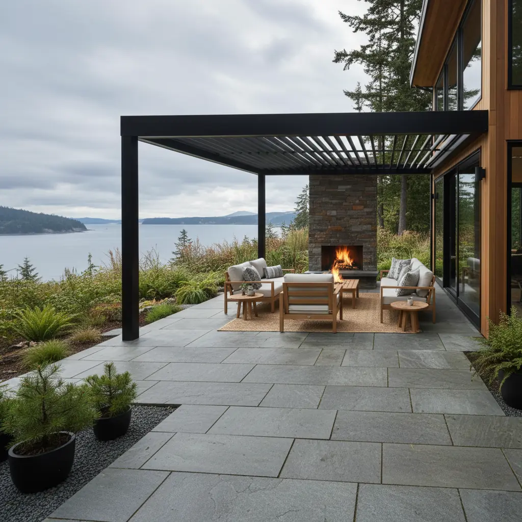 custom metal patio cover on stone patio overlooking ocean