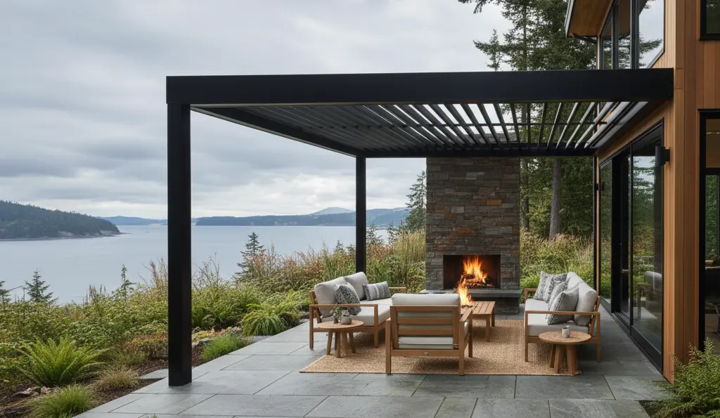 custom metal patio cover overlooking the ocean