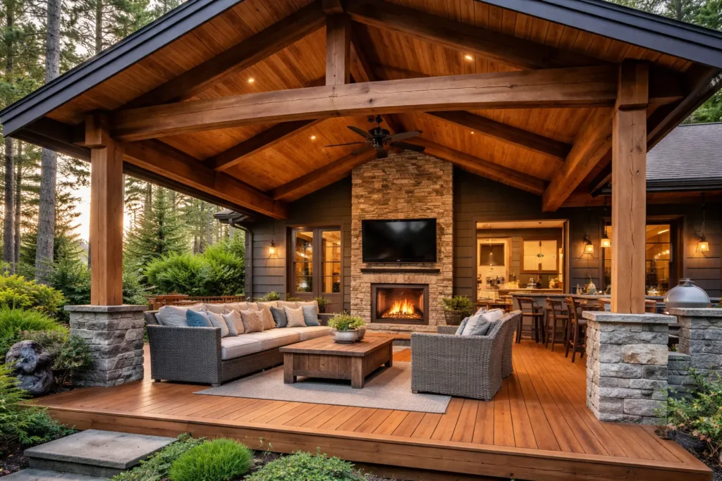 west coast style home with custom wooden covered deck