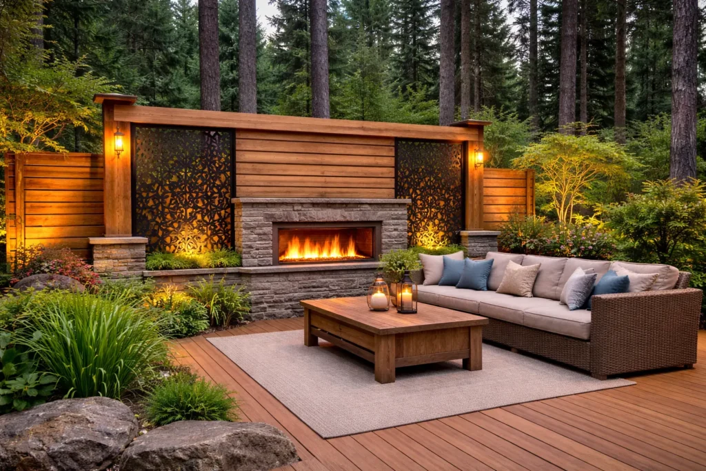 custom wooden patio with privacy wall against forest